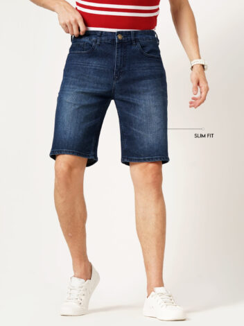 Men Dark Blue Slim Fit Mid-Rise Stretchable Denim Shorts